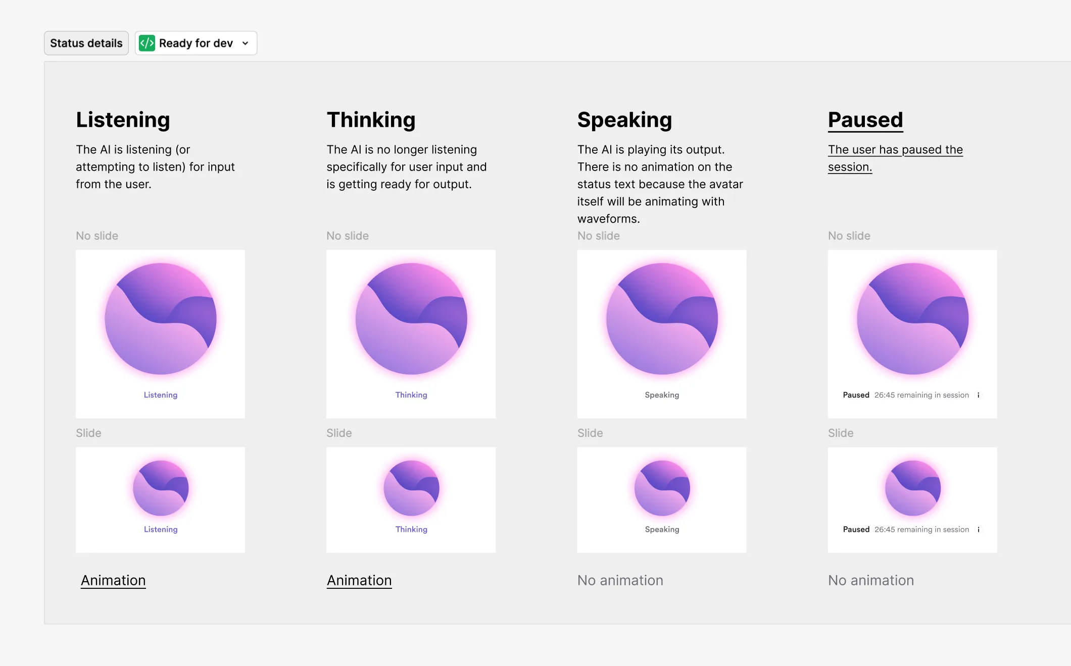 Sharing ideas with the dev team on how to display and animate state transitions