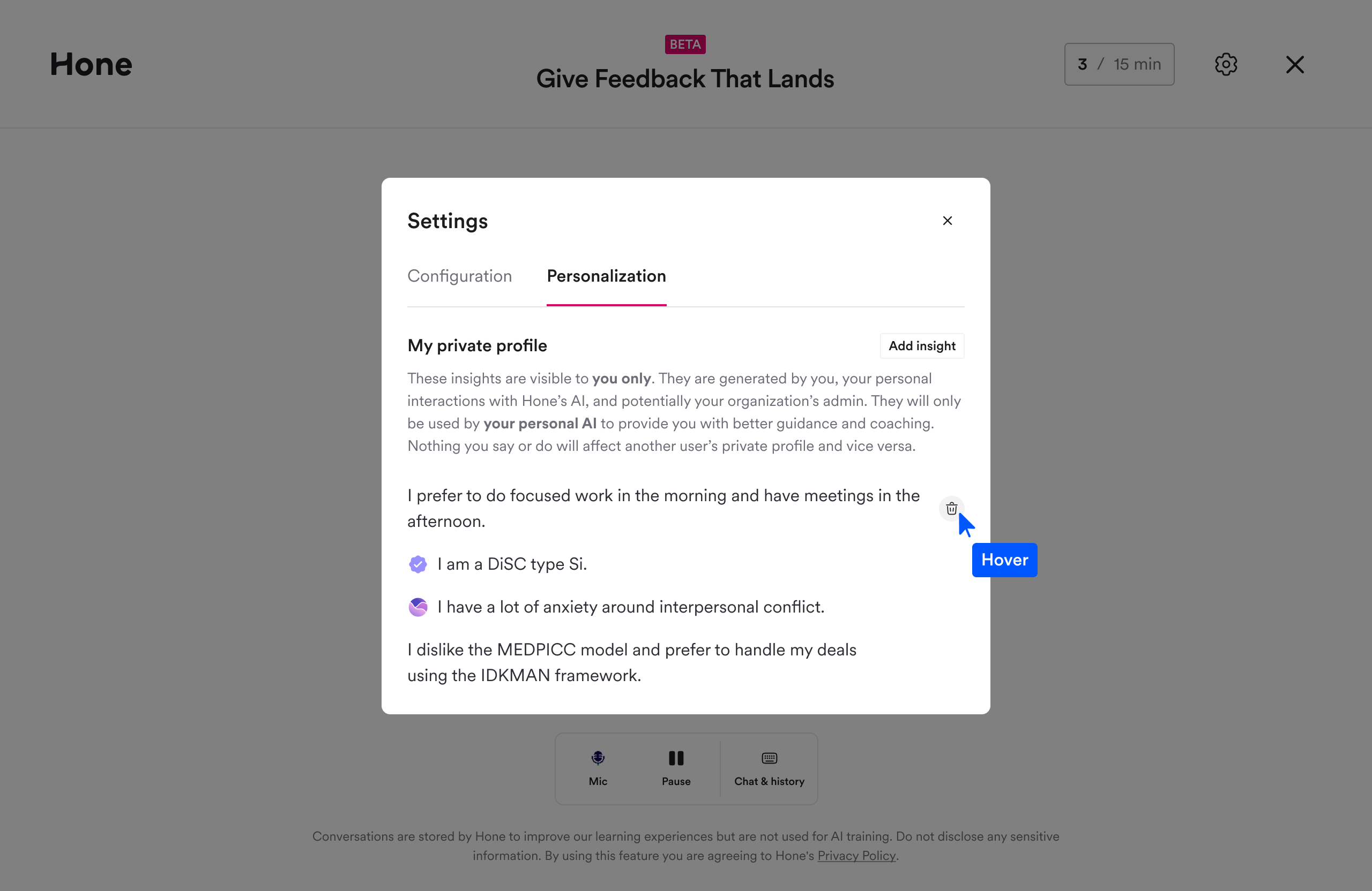 The Personalization settings screen, showing private profile insights gathered about a learner