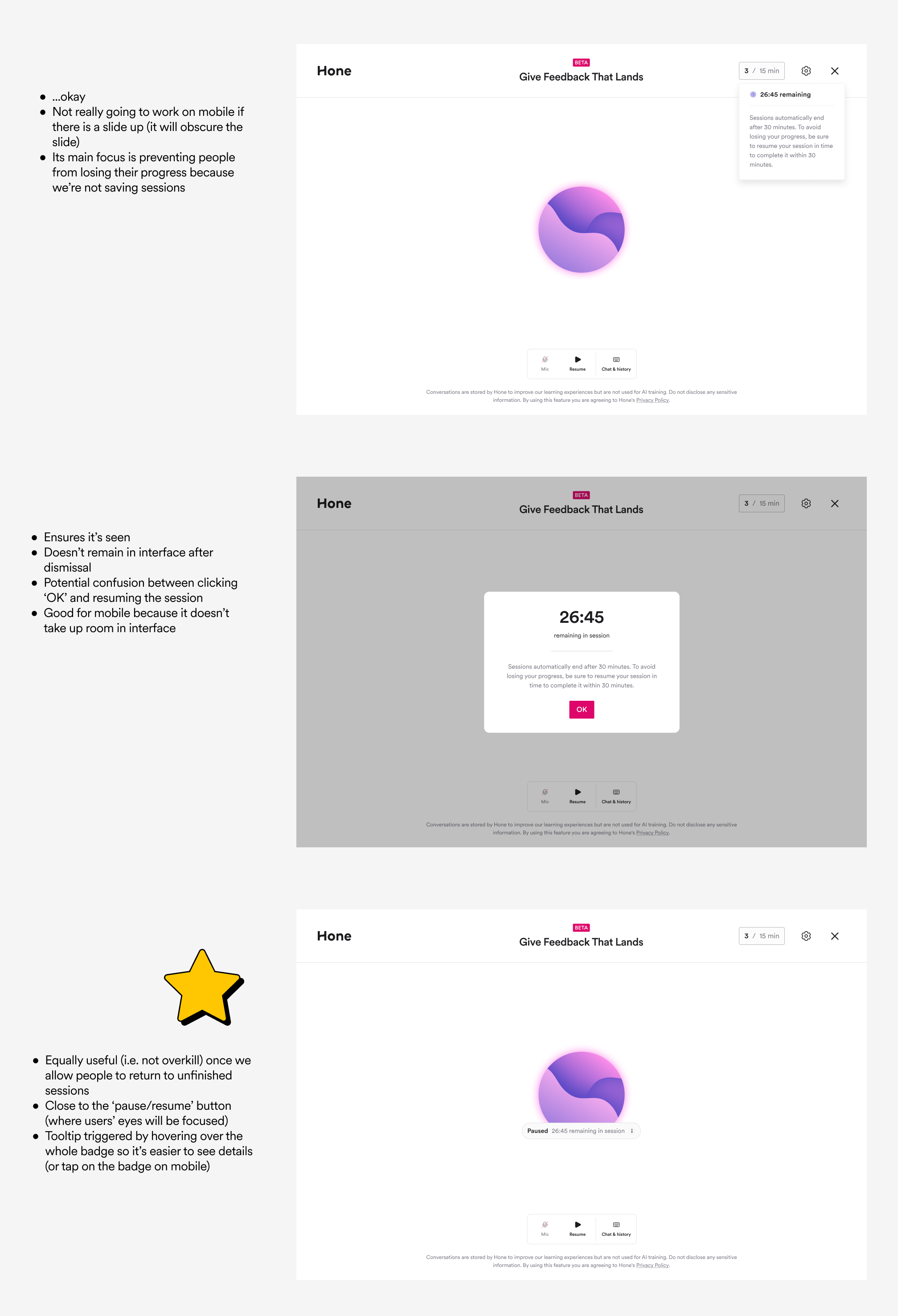 Three design explorations for a 30-minute session-timeout warning, with the final approach starred
