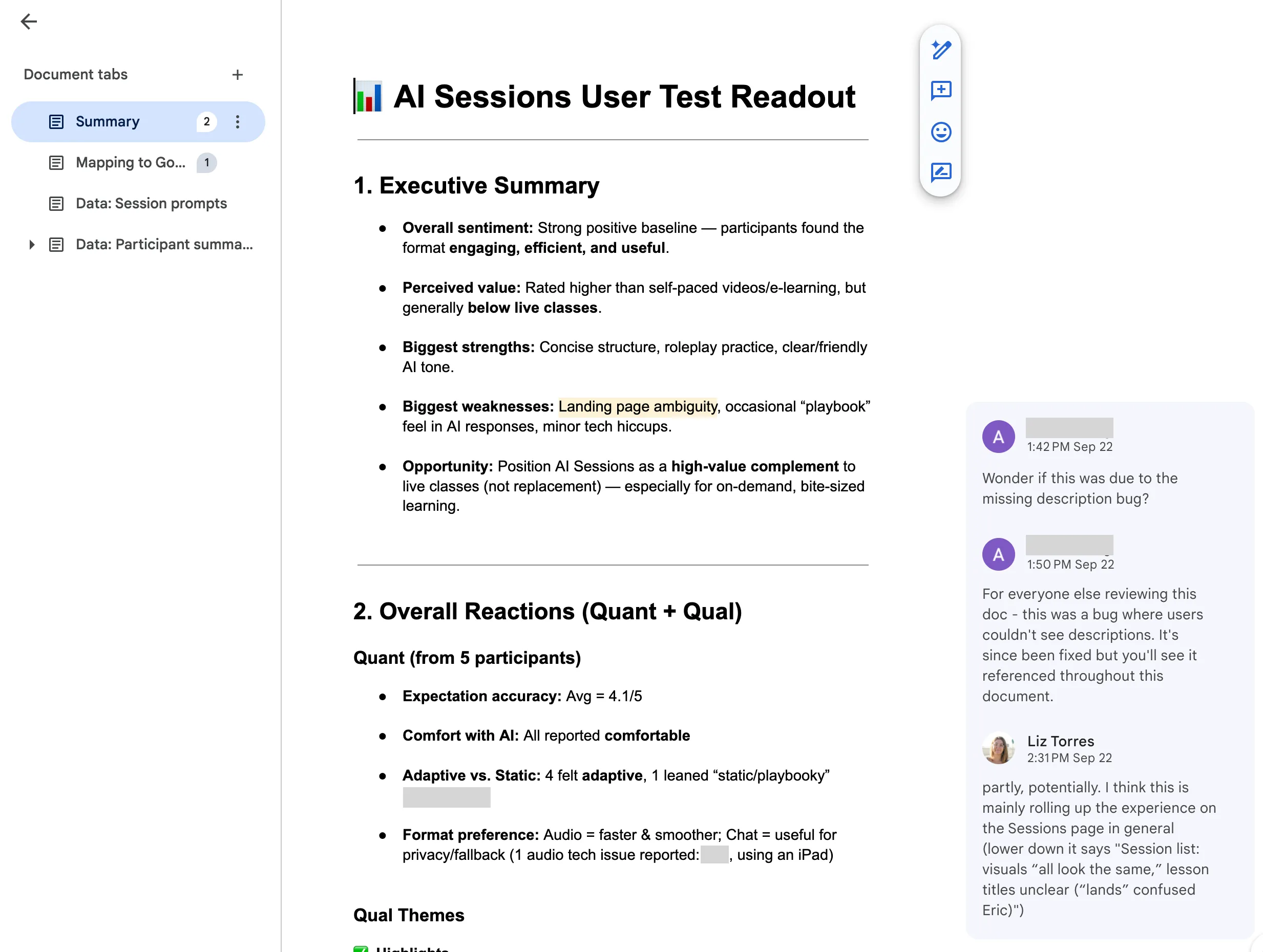 A summary of user test results in Google Docs