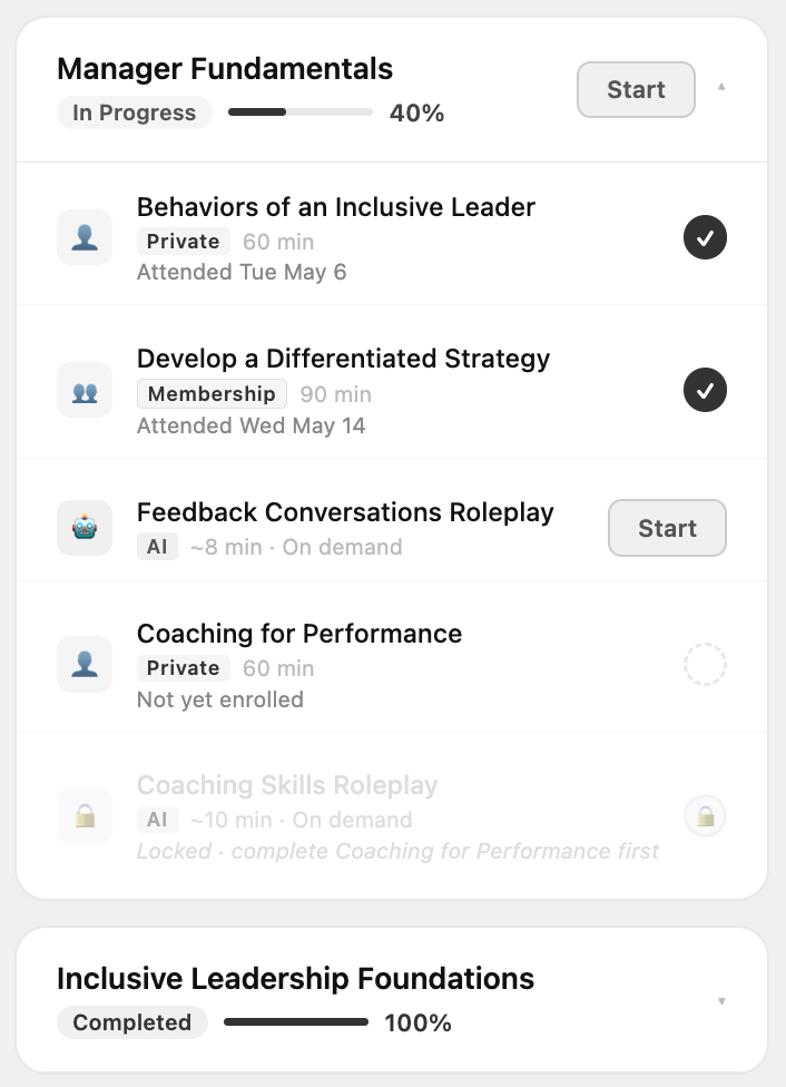 A card contains five example classes. Two classes are completed, one is able to be completed now, one requires an enrollment action, and the last one is locked pending completion of another class.