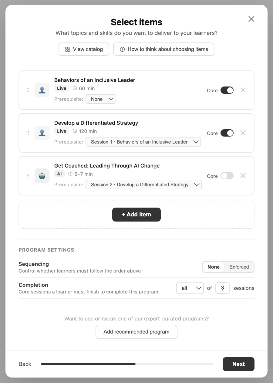 A modal window with three example classes. For each class, a user can choose a prerequisite, whether to designate the class as core, and can order the set of classes manually, as well as set sequencing and completion requirements.