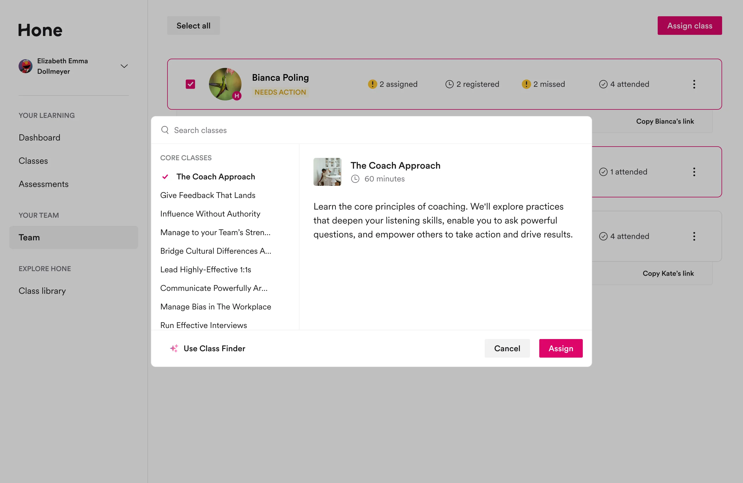 A widget allowing the user to browse classes in a condensed format without accessing the full catalog