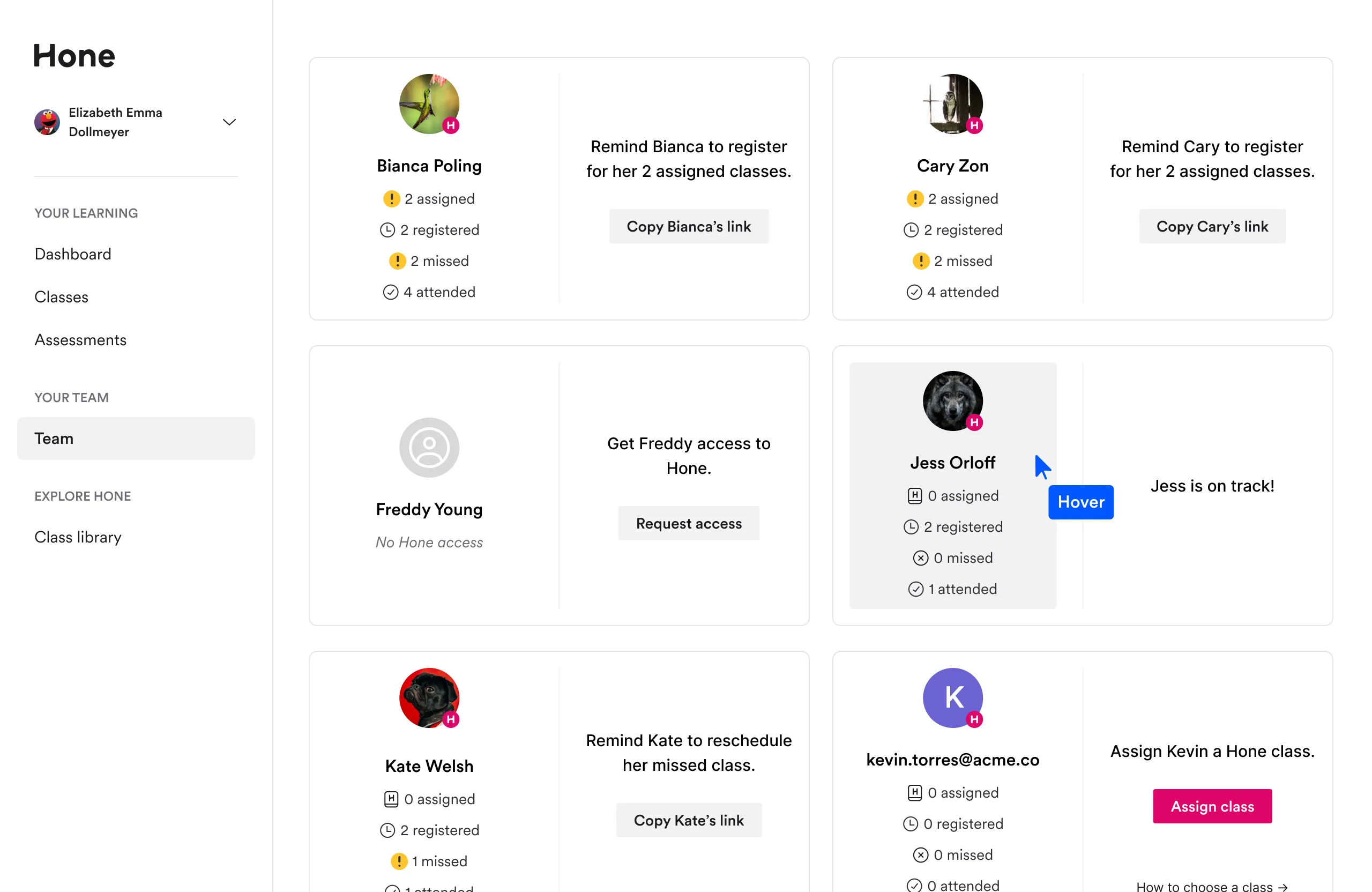 An early exploration that would allow manager to view each of their direct reports as cards