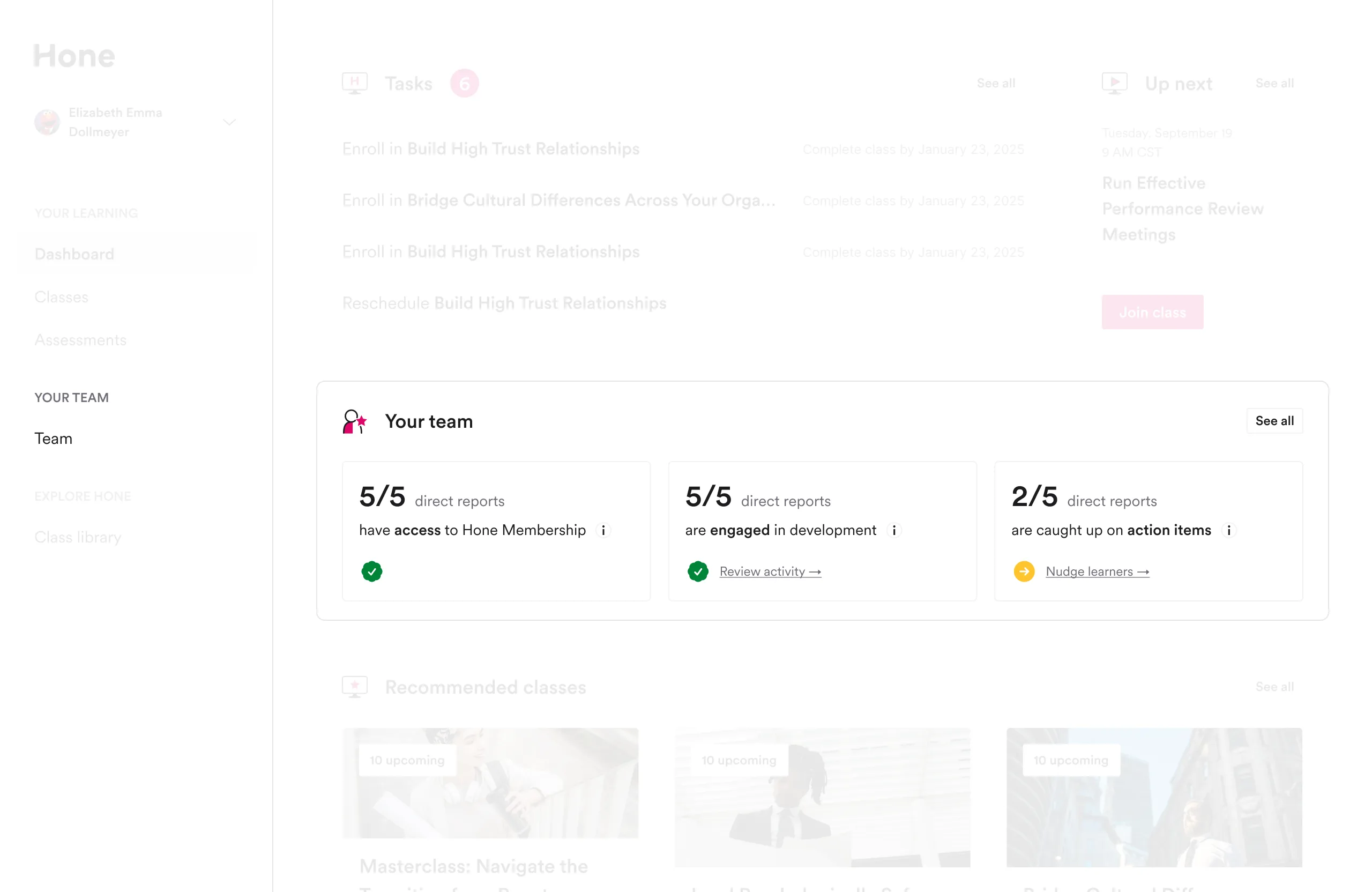 The manager widget showing several relevant metrics that would appear on the manager's Hone dashboard