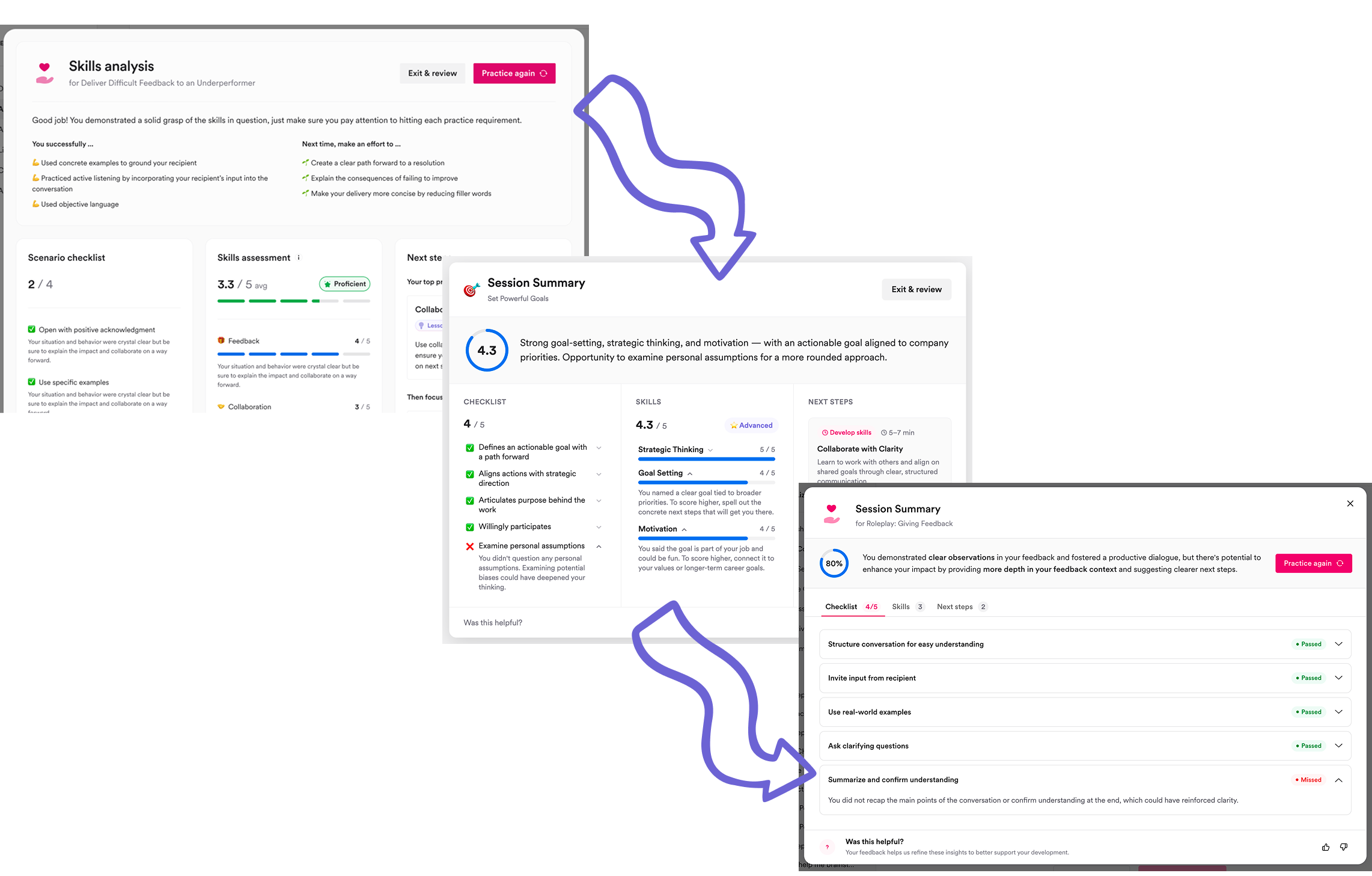 Several iterations of our post-session screen, with the earliest iteration showing the most information and the latest version showing a condensed view