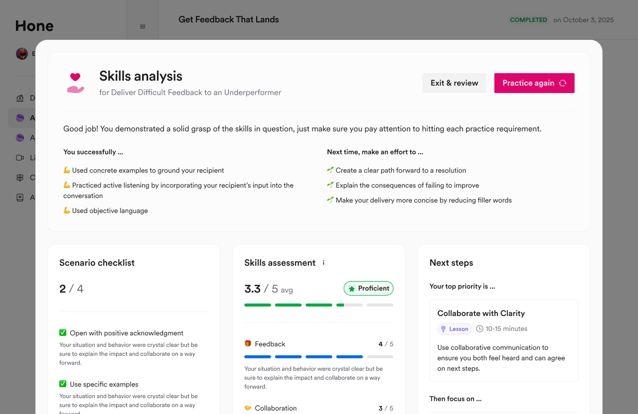 The full-page V1 post-session screen, showing a summary, checklist, skills assessment, and next steps