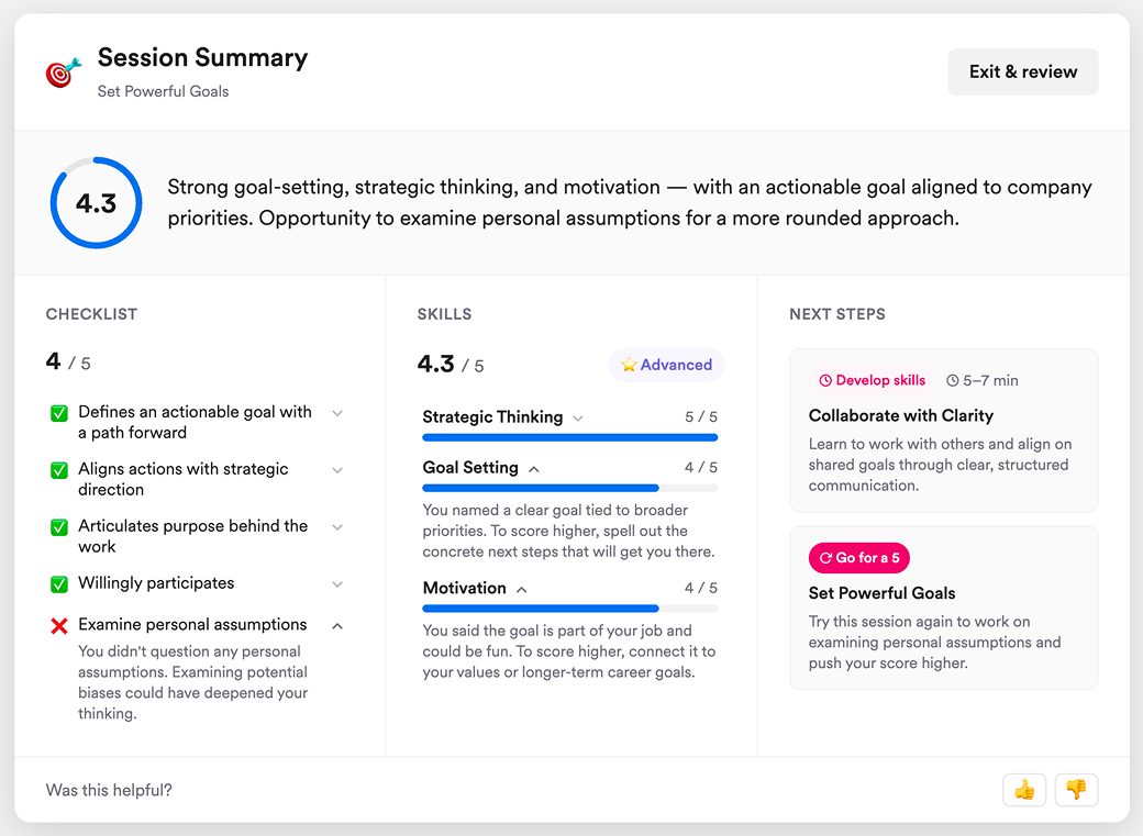A V2 mockup of the session summary modal, showing checklist, skills, and next steps in three columns