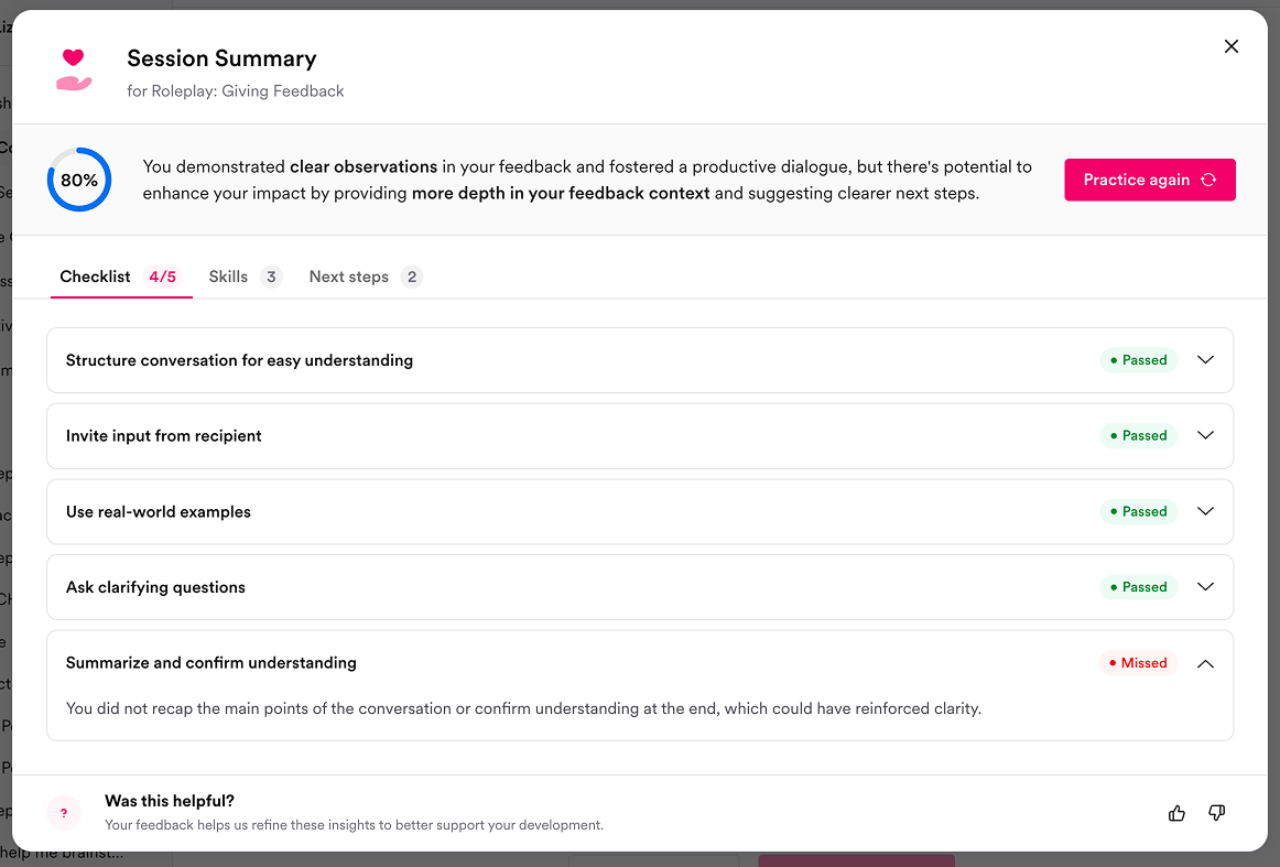 The most recent session summary screen, focused on checklist items with skills and next steps moved to tabs